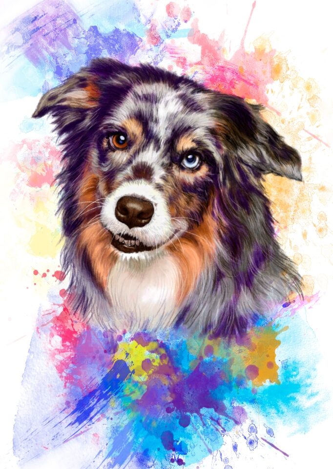 kleurrijk portret van een hond met 2 verschillende kleuren ogen